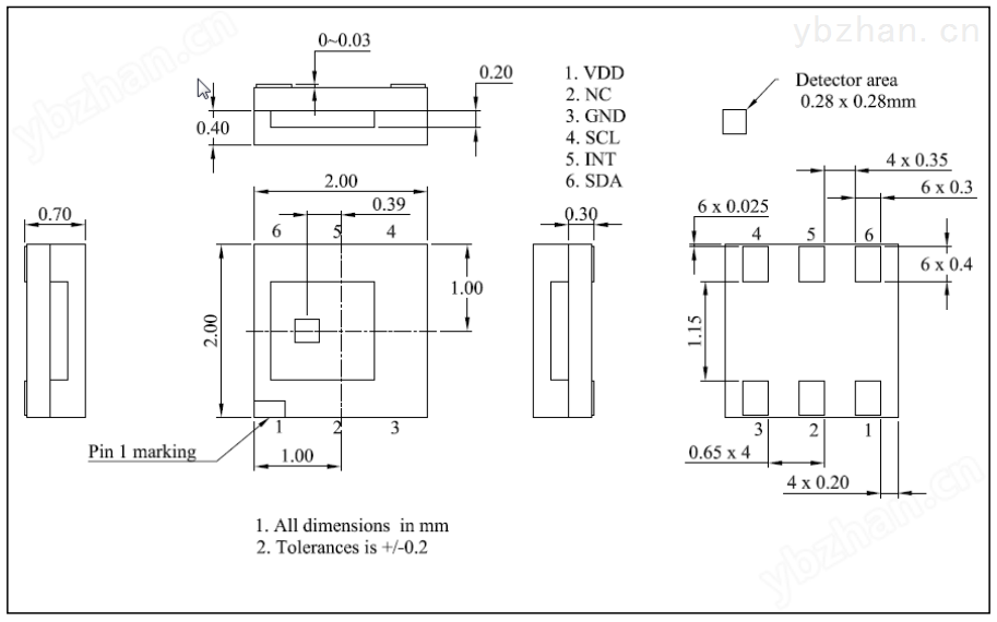 光寶數(shù)字RGB顏色傳感器LTR-381RGB-01尺寸圖